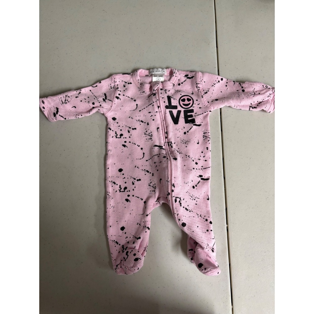 Little Mish Newborn Pink Waffle Knit Splatter Love Graphic Footed Sleeper Zip Up